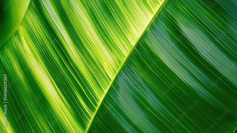 Close-up of a large banana leaf, showing detailed natural textures and vibrant green colors. Close-up of a large banana leaf, showing detailed natural textures and vibrant green colors.