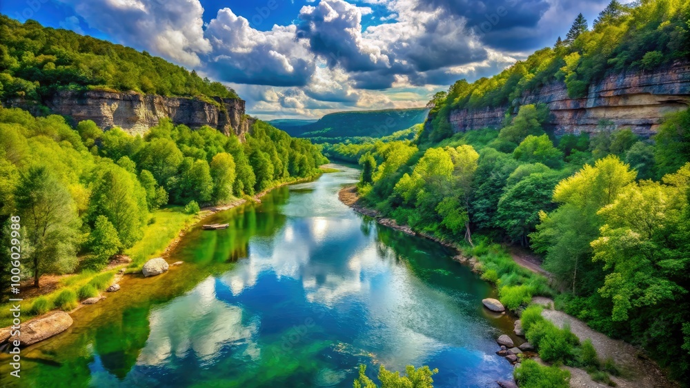 Fototapeta premium Breathtaking vistas of the Buffalo River, enveloped by vibrant greenery and stunning natural landscapes, create an idyllic escape into nature's breathtaking beauty.
