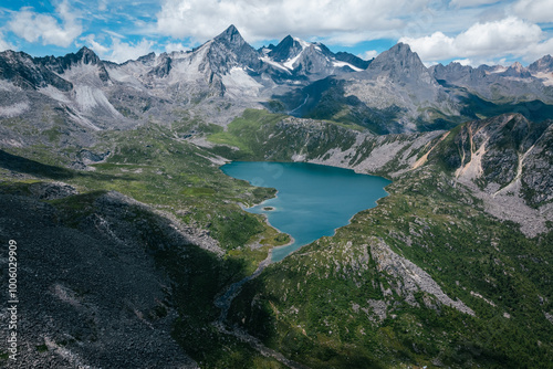 Aerial view of beautiful high altitude mountain and lake landscape