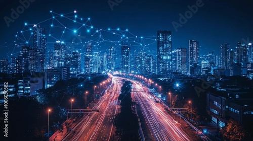 Smart city illuminated at night, featuring advanced digital network connections and IoT communication systems.