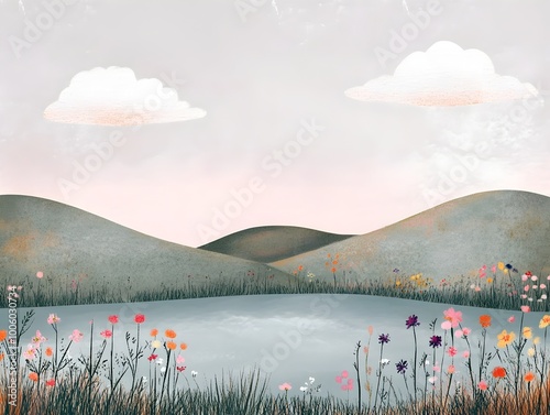 Serene and Ethereal Minimalist Pastel Landscape Featuring Gentle Rolling Hills Wispy Clouds and a Calming Pond Surrounded by Vibrant Wildflowers in a Fauvist Inspired Digital Art Composition photo