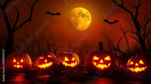 Discover a dimly lit Halloween scene featuring glowing pumpkins, a full moon, and bats. Perfect for capturing the spooky essence of autumn nights.