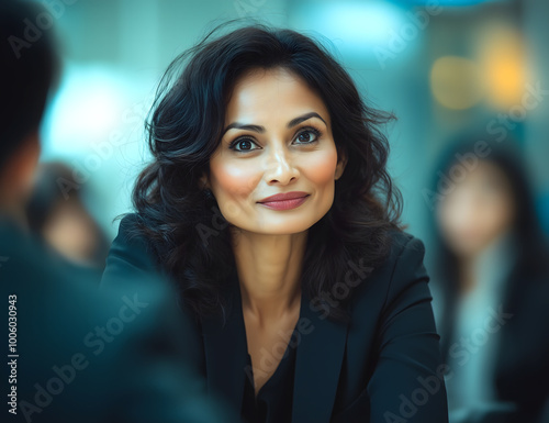  A photo of an attractive indian woman with dark curly hair and hazel eyes, wearing business attire