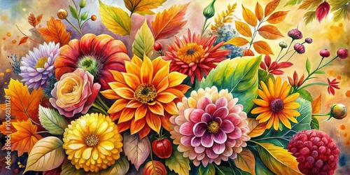 Bright watercolor autumn flowers in warm tones beautifully encapsulate the essence of fall, showcasing its captivating beauty and charm in stunning detail and vivid color.