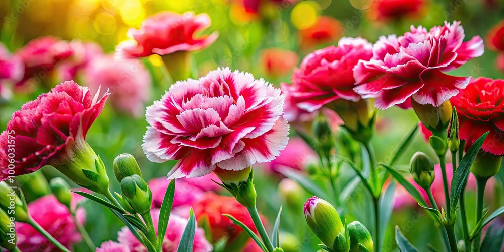 Carnation flowers bloom vibrantly, displaying their soft petals against a backdrop of lush green foliage, creating a beautiful spectacle in the garden's serene environment. Carnation flowers bloom vibrantly, displaying their soft petals against a backdrop of lush green foliage, creating a beautiful spectacle in the garden's serene environment.