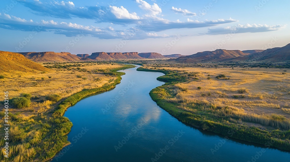 Aerial view of a winding river flowing through a dry landscape. Aerial view of a winding river flowing through a dry landscape.