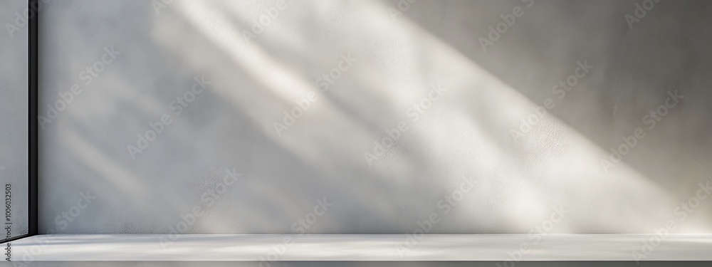 Fototapeta premium 3D table and wall in an empty studio room. Podium against a white wall. Tabletop surface for product presentation. Platform with concrete texture for beauty advertising.