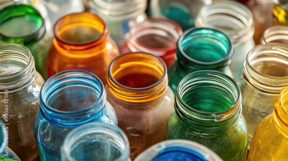 Close-up of recycled glass jars, detailed and sorted for reuse, set against a clean background. Close-up of recycled glass jars, detailed and sorted for reuse, set against a clean background.
