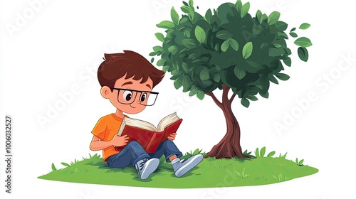 A young boy wearing glasses sitting under a tree and reading a book