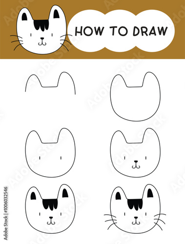 How to draw cat face cartoon step by step for learning, kid, education, coloring book. Vector illustration