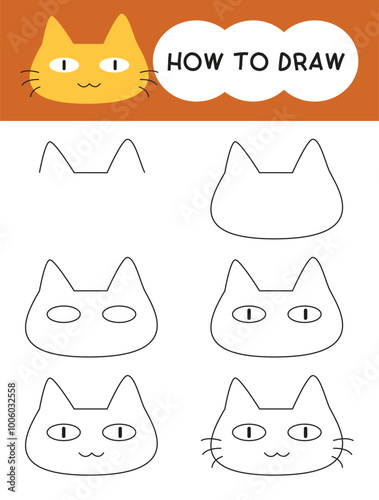 How to draw cat face cartoon step by step for learning, kid, education, coloring book. Vector illustration