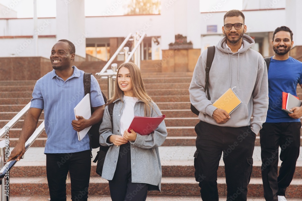 Obraz premium Diverse Group of College Students Walking Together on Campus Stairs Smiling and Holding Notebooks