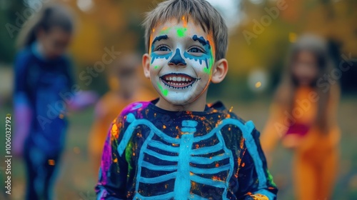 A young boy in a colorful skeleton costume is smiling joyfully during Halloween festivities. Surrounded by friends, he radiates happiness in a vibrant outdoor setting.