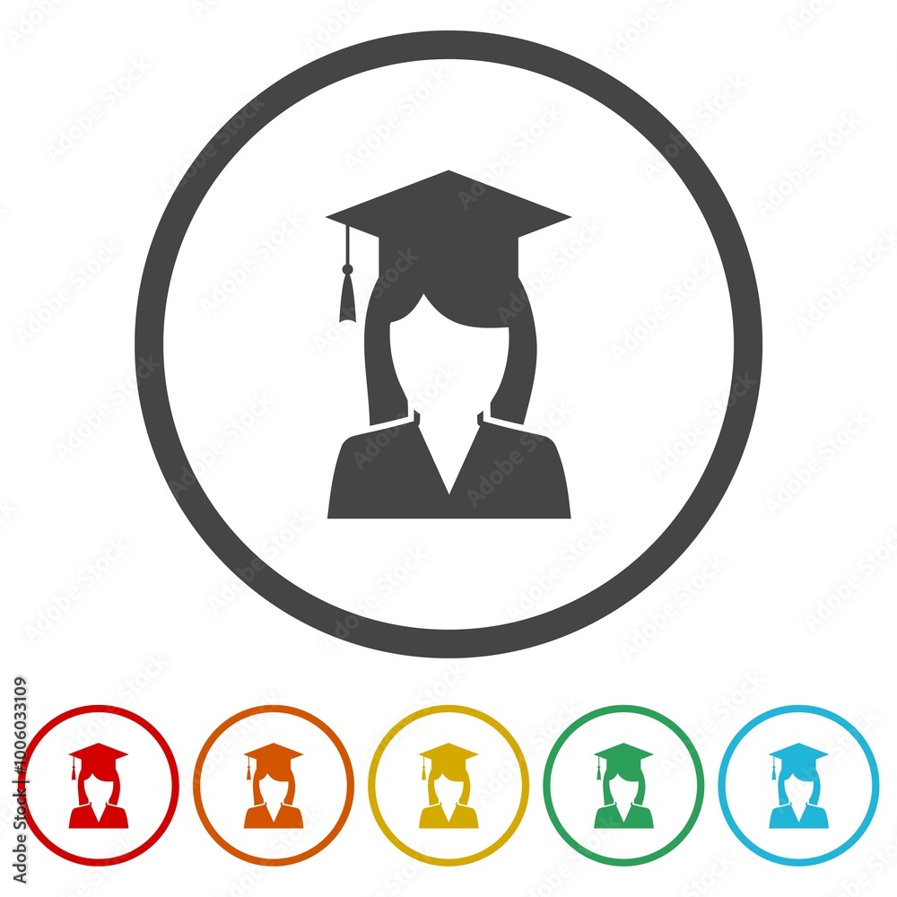 Female graduate student icon. Set icons in color circle buttons Female graduate student icon. Set icons in color circle buttons