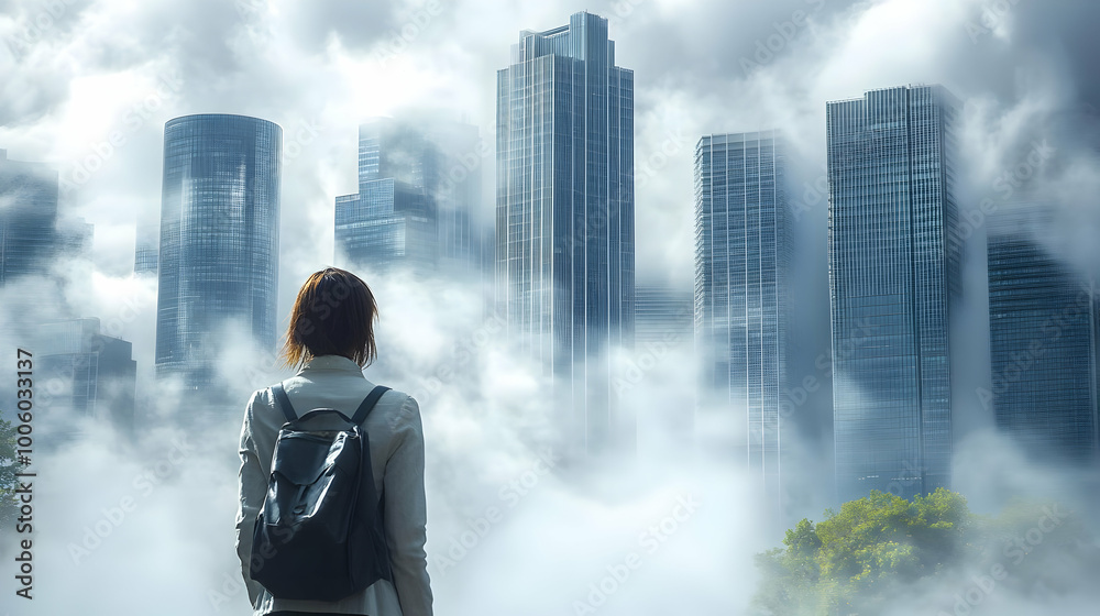 A Woman Gazes at Cityscape Hidden in Fog, A Vision of Urban Dreams A Woman Gazes at Cityscape Hidden in Fog, A Vision of Urban Dreams