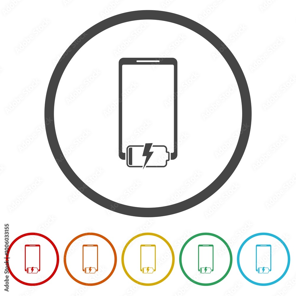 Mobile phone battery charging icon. Set icons in color circle buttons Mobile phone battery charging icon. Set icons in color circle buttons