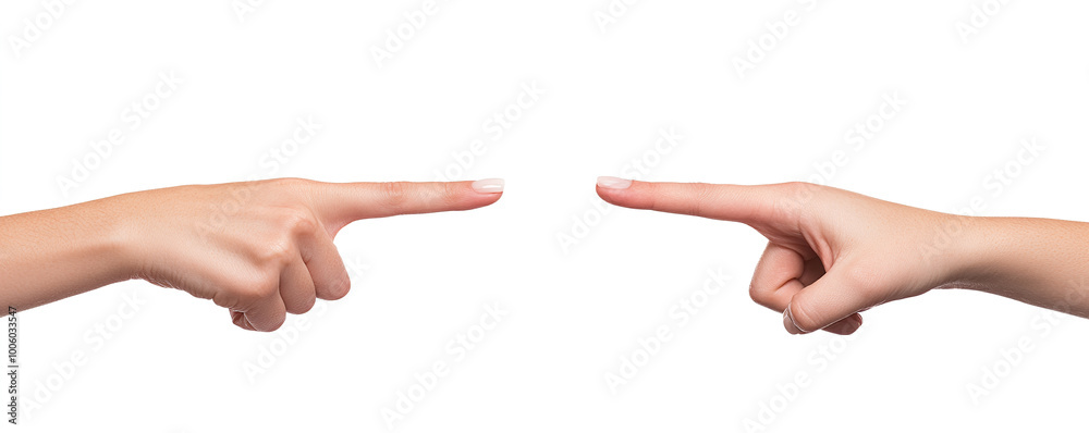 The fingers of woman's hand are pointing at each other. White background. The fingers of woman's hand are pointing at each other. White background.