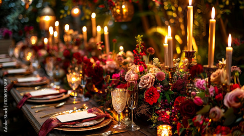 Elegant candlelit dinner table adorned with lush floral arrangements and fine glassware