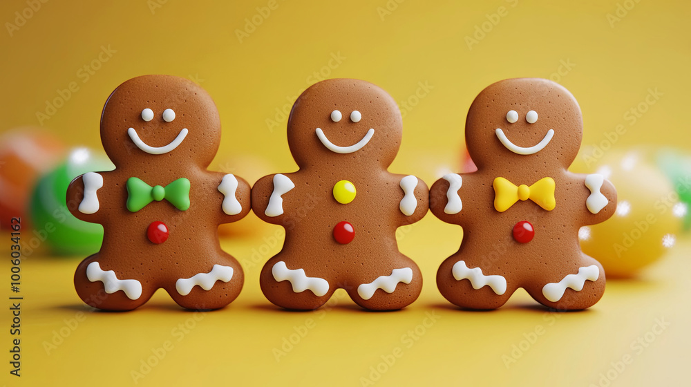 Fototapeta premium Adorable trio of gingerbread men with colorful bow ties and button accents