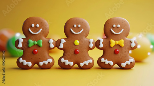 Adorable trio of gingerbread men with colorful bow ties and button accents