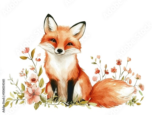 Adorable watercolor fox with flowers, set against a white background for a sweet and gentle design