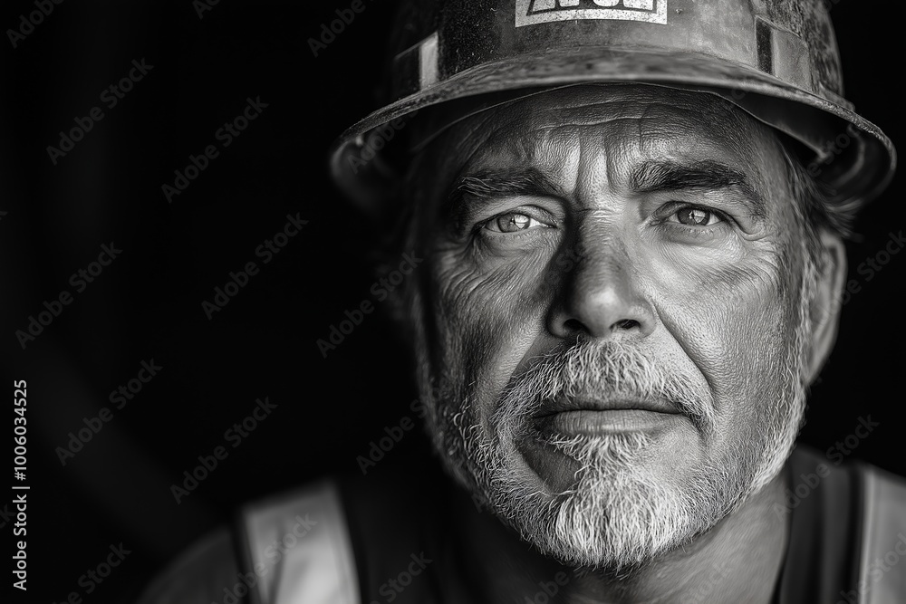 Man wearing a white hard hat. He has a beard and a mustache. He is wearing a black shirt. Black and white photorealistic studio portrait of a construction worker with hard hat on black background Man wearing a white hard hat. He has a beard and a mustache. He is wearing a black shirt. Black and white photorealistic studio portrait of a construction worker with hard hat on black background