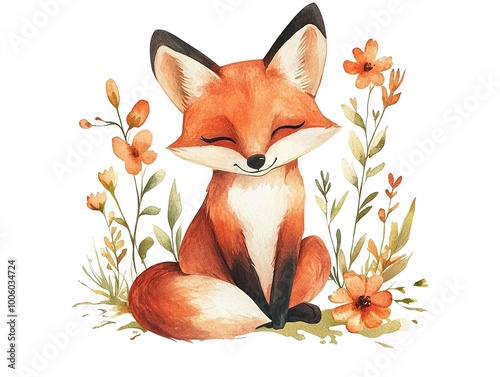 Fototapeta Naklejka Na Ścianę i Meble -  Cute watercolor fox surrounded by delicate flowers, isolated on a white background for a soft, whimsical look