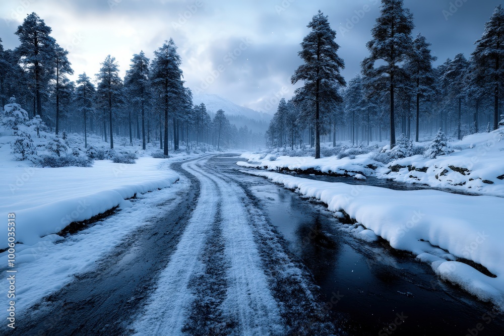 Obraz premium A serene winter scene featuring a snowy forest path beside a partially frozen stream, lined with evergreen trees under a misty sky in a tranquil landscape setting.