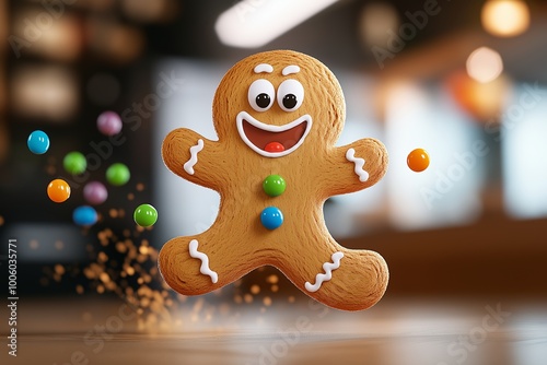 Gingerbread man with a green light on his head. He is smiling. There are apples and oranges on the table. gingerbread man character with a playful, mischievous vibe.