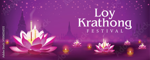 Loy krathong thailand festival, pink lotus and floating lantern lights, fireworks at night banner design colorful background