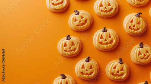 Baked cookies with icing in the form of Halloween pumpkins on bright orange background