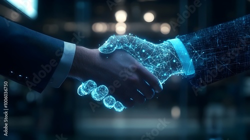 Futuristic business handshake with augmented reality contracts and digital hologram agreement  Concept of innovative paperless