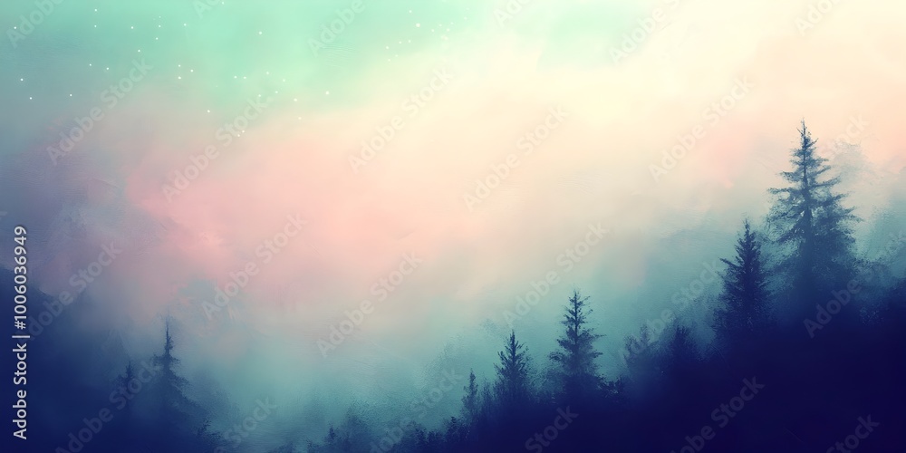 Naklejka premium Misty pastel gradient landscape with shimmering and ethereal Aurora Borealis lights dancing in the sky silhouetted trees in the distance creating a serene and contemplative ambiance