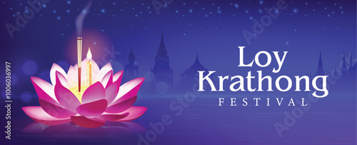 Loy krathong thailand festival, realistic pink lotus flower, candle, romantic sky at moonnight banner design blue background