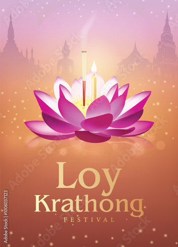 Loy Krathong pink lotus Buddhism festival, at night on Thailand temple pink and orange background