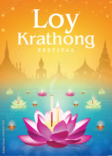 Loy Krathong festival travel thailand poster design on orange and blue background