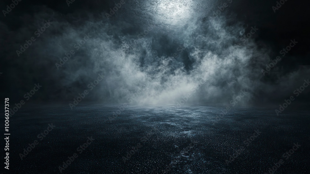 Fototapeta premium Dark background with fog and a wet asphalt surface.