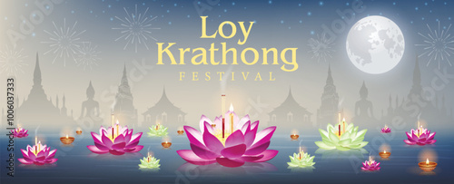 Loy Krathong festival Buddhism vector bokeh background banner design