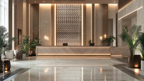Luxurious hotel reception lobby, designed with a modern Arabic building theme