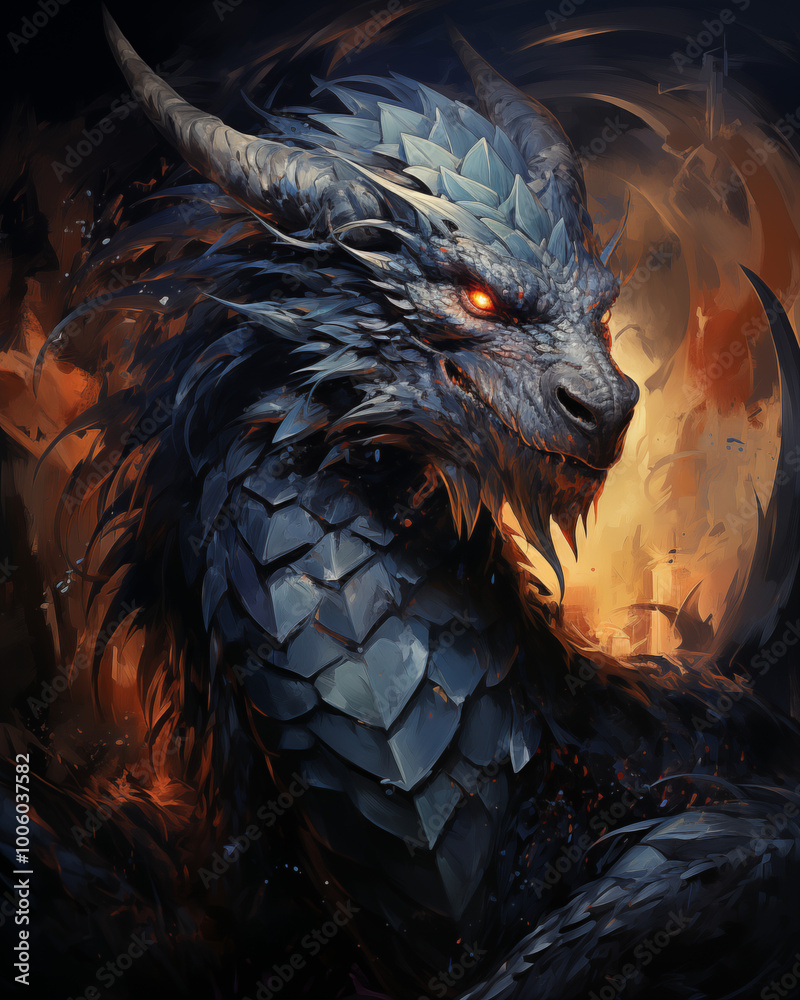 Majestic dragon with an intense expression, symbolizing power and mystery against a fiery background Majestic dragon with an intense expression, symbolizing power and mystery against a fiery background