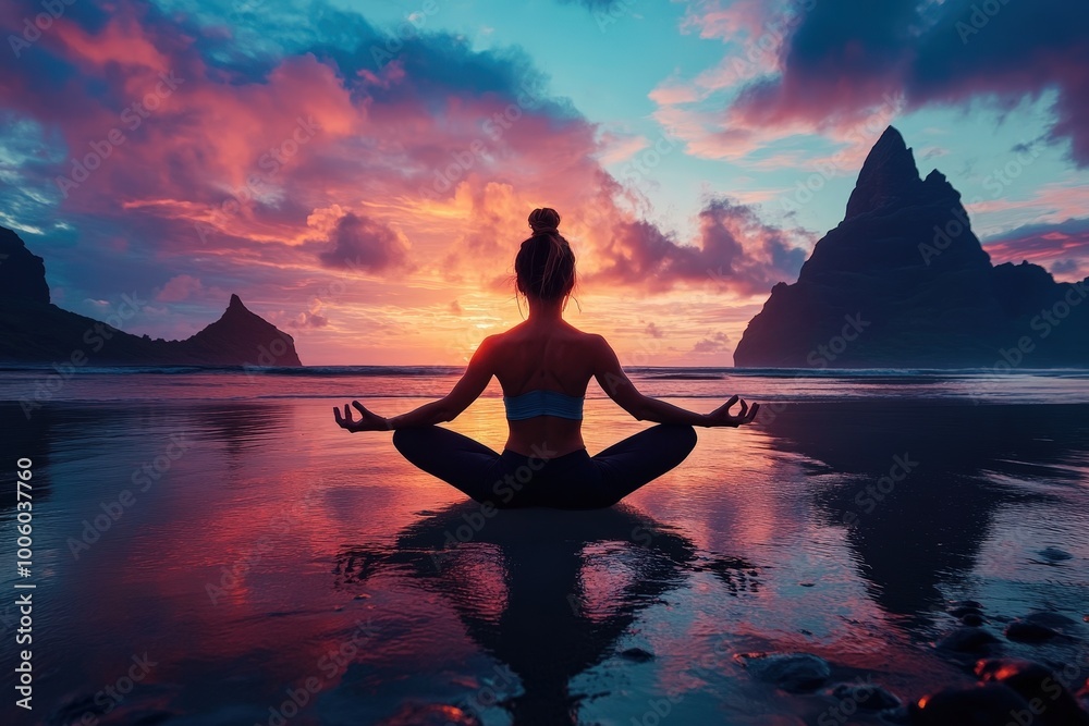 A person practices yoga on a serene beach during sunset, surrounded by vibrant colors and peaceful waters, capturing a moment of balance and inner peace. A person practices yoga on a serene beach during sunset, surrounded by vibrant colors and peaceful waters, capturing a moment of balance and inner peace.