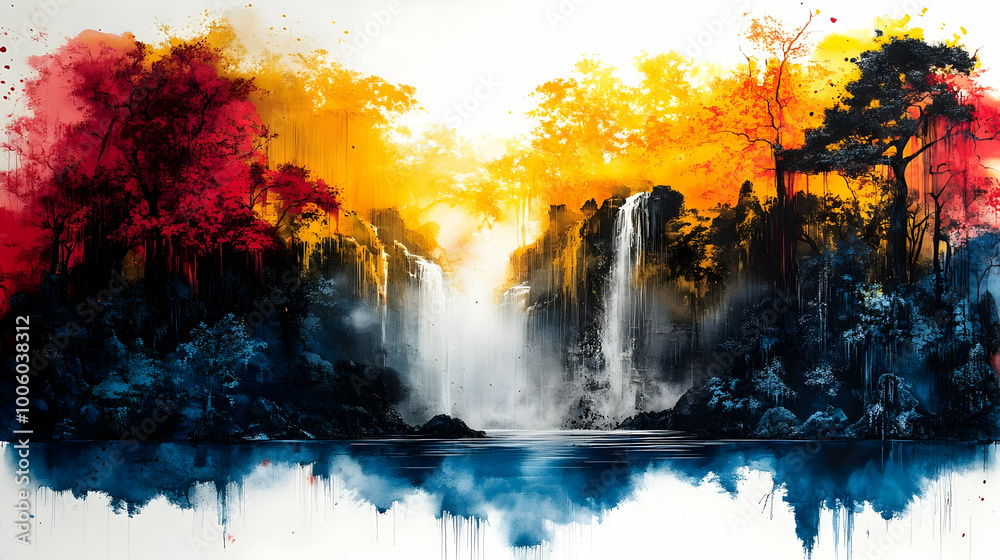 Waterfall Painting in Blue, Red and Yellow Hues Waterfall Painting in Blue, Red and Yellow Hues