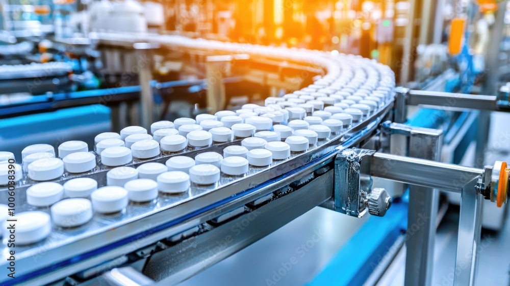 Fototapeta premium Automated pharmaceutical production line with tablet conveyor