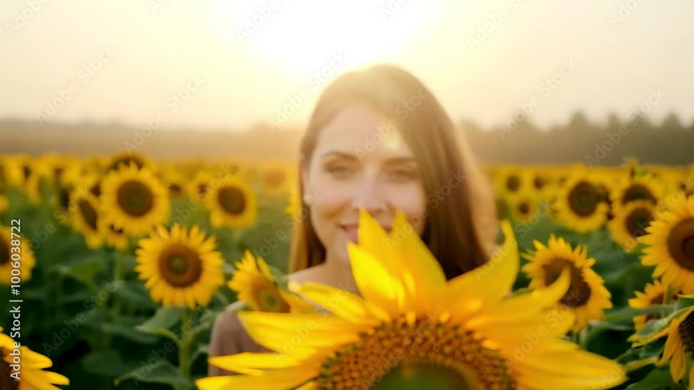 Woman smiling amidst a field of sunflowers at sunset Woman smiling amidst a field of sunflowers at sunset