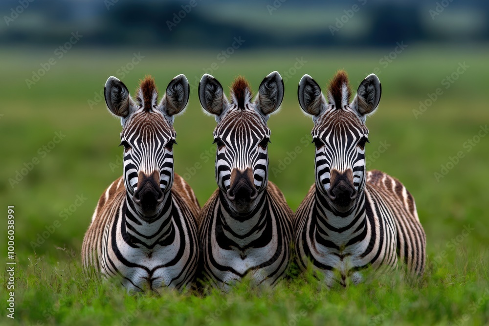 Fototapeta premium Three zebras lie closely together against a lush, green grassland background, showcasing their distinct black and white stripes in a perfectly aligned pose.