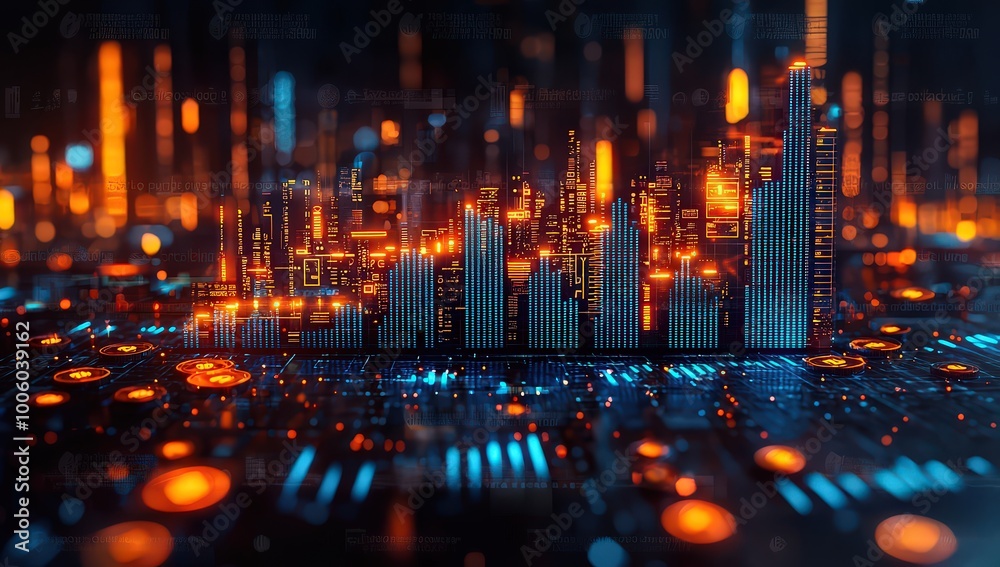 A digital blue bar graph with coins in the background, representing market trends and financial data, symbolizing stock trading or luxury mode. 