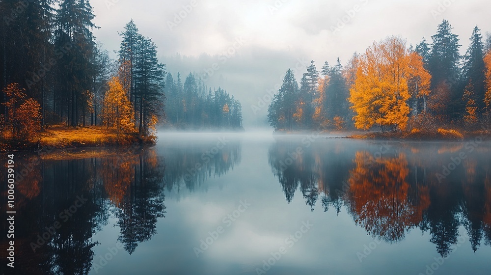 Serene Autumn Landscape with Reflection in Water Serene Autumn Landscape with Reflection in Water