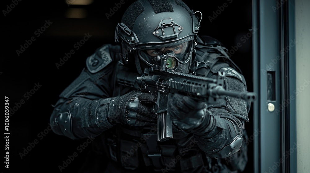 Tactical officer preparing for action in a dimly lit environment Tactical officer preparing for action in a dimly lit environment