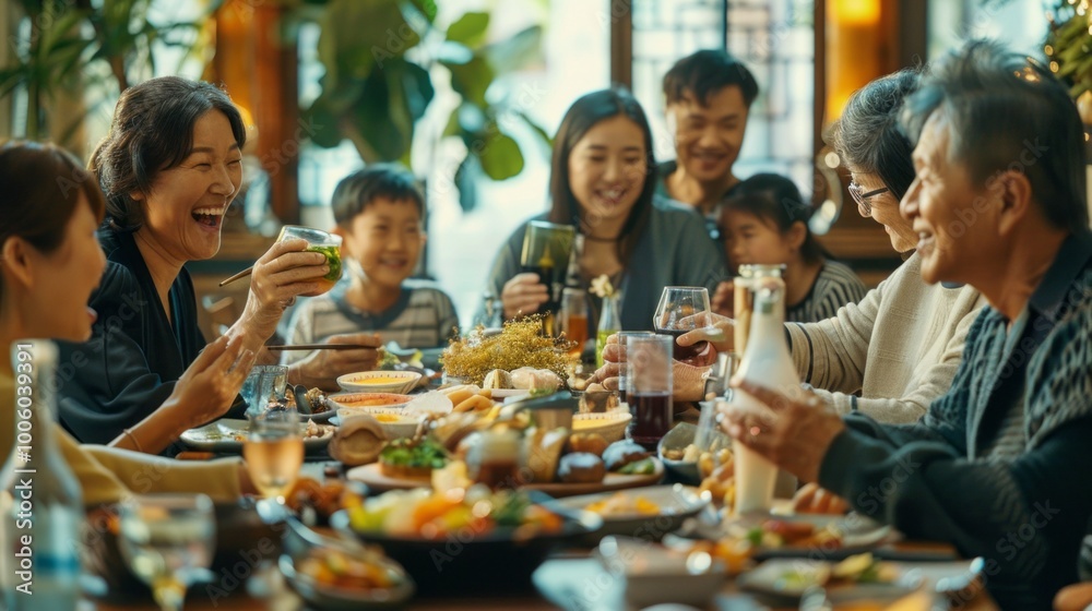 A family is gathered around a table with a variety of food and drinks