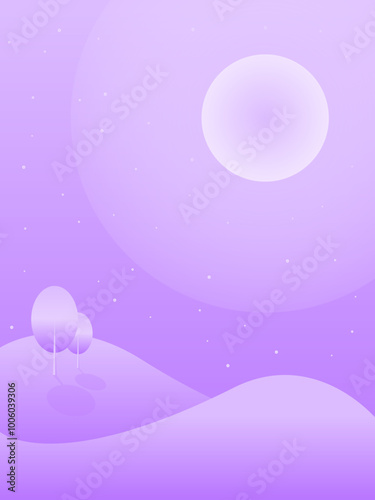 Abstract vector illustration. Minimalist landscape poster with moon, hills and lonely tree.
Prints, decoration, web, graphic design.
